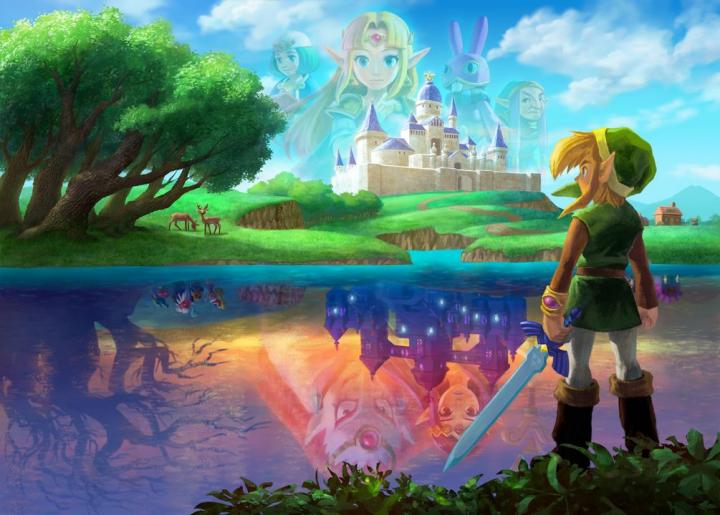 Link devant le château d'Hyrule et son reflet de Lorule (Artwork - Illustrations - A Link Between Worlds)