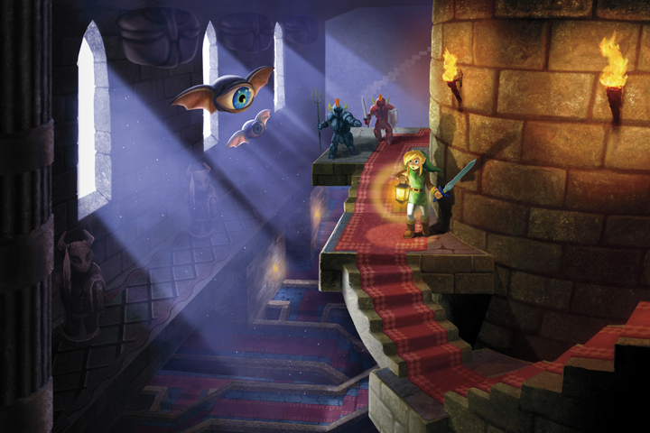 Link parcourant un donjon (Artwork - Illustrations - A Link Between Worlds)