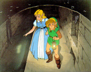 Zelda et Link s’enfuyant à travers les égoûts du Château d’Hyrule (Artwork - Illustrations - A Link to the Past)