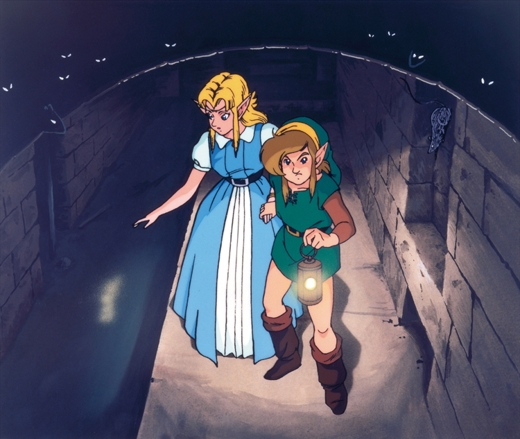 Zelda et Link s’enfuyant à travers les égoûts du Château d’Hyrule (Artwork - Illustrations - A Link to the Past)