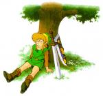Link se reposant sous un arbre, armes déposées