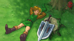 Link se reposant sous un arbre, armes déposées