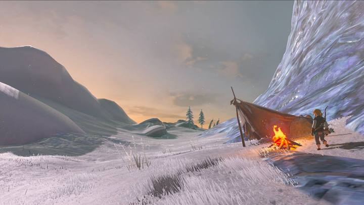 Link au coin du feu dans un paysage enneigé (Screenshot - Screenshots publiés sur les réseaux sociaux- Breath of the Wild)
