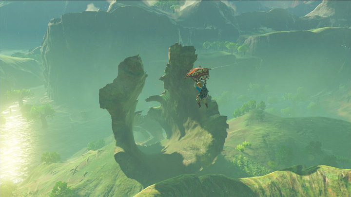 Link s’envolant vers un gigantesque tronc d’arbre (Screenshot - Screenshots publiés sur les réseaux sociaux- Breath of the Wild)