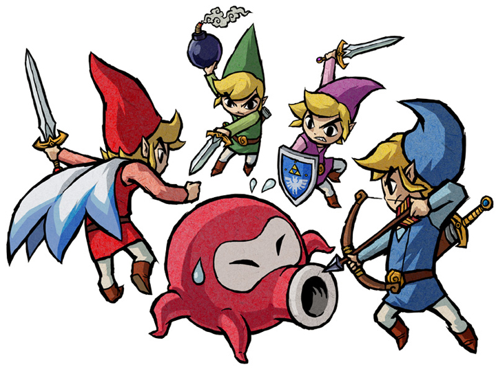 Les quatre Link contre un Octorok (Artwork - Artworks de Link - Four Swords Adventures)