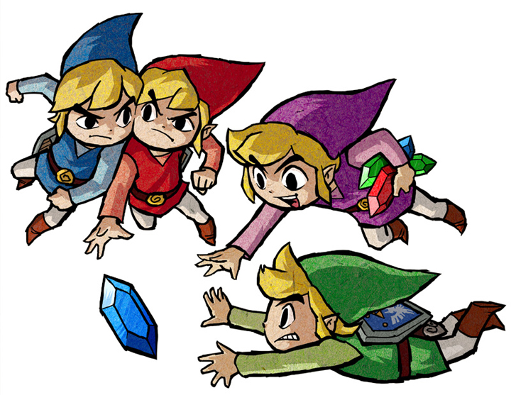 Les quatre Link se battant pour un rubis (Artwork - Artworks de Link - Four Swords Adventures)