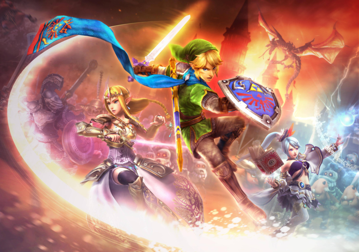 Zelda, Link et Lana affrontant une horde d’ennemis (Artwork - Illustrations - Hyrule Warriors)
