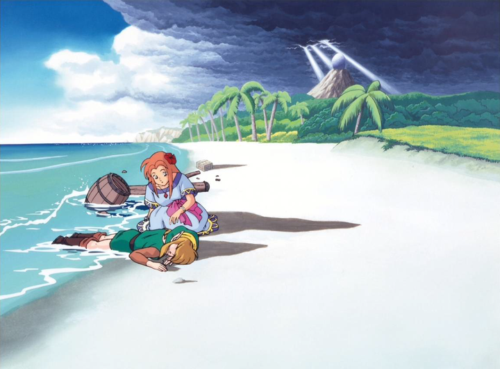 Link échoué sur la plage de Cocolint aux côtés de Marine (Artwork - Illustrations - Link’s Awakening)
