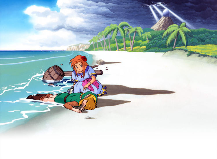 Link échoué sur la plage de Cocolint aux côtés de Marine (Artwork - Illustrations - Link’s Awakening)