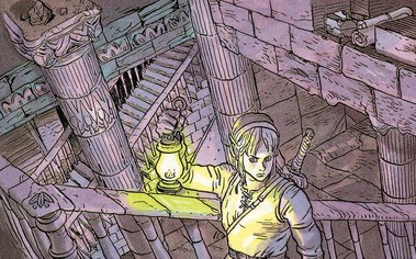 Link montant des escaliers avec une lanterne (Artwork - Guide officiel - Link’s Awakening)