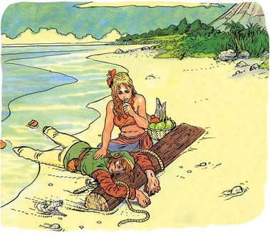 Link échoué découvert par Marine (Artwork - Illustration de Katsuya Terada pour un guide officiel - Link’s Awakening)