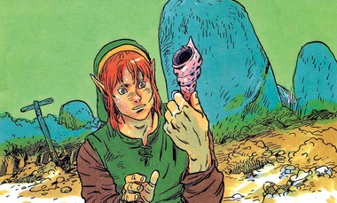 Link trouvant un coquillage secret (Artwork - Guide officiel - Link’s Awakening)