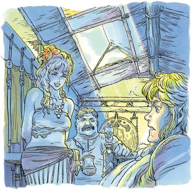 Link se réveillant dans la maison de Marine et Tarkin (Artwork - Guide officiel - Link’s Awakening)