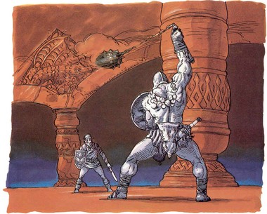 Link combattant un chevalier fléau pour des feuilles d'or (Artwork - Guide officiel - Link’s Awakening)