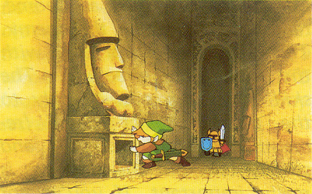Link trouvant un passage secret dans un donjon (Artwork - Illustration - The Legend of Zelda)
