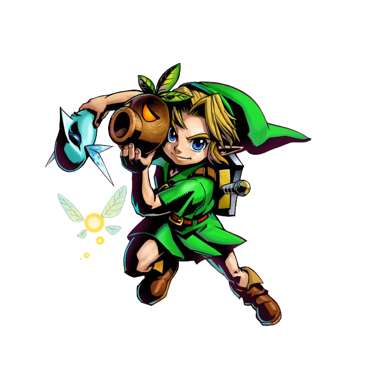 Link tenant le masque Goron et le masque Zora (Artwork - Link - Majora’s Mask)