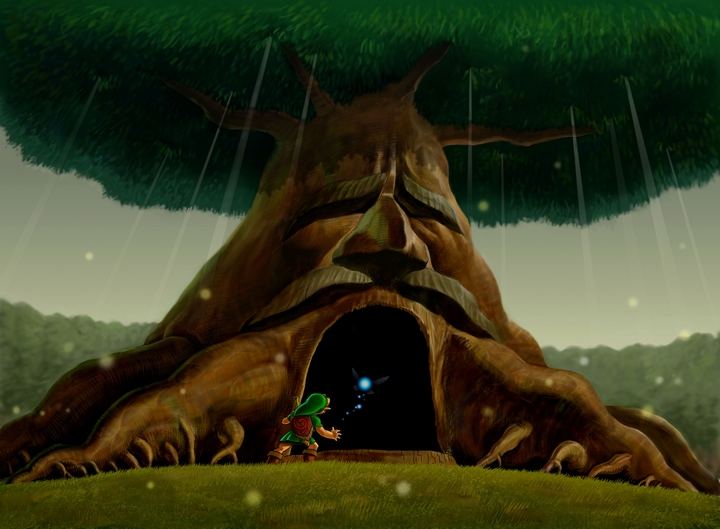 Link entrant dans le Vénérable Arbre Mojo (Artwork - Illustrations - Ocarina of Time)