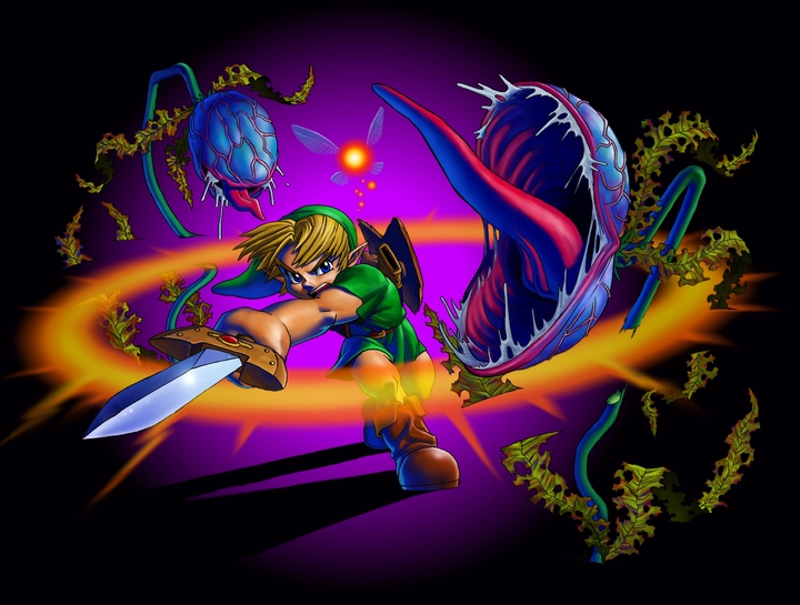 Link enfant s'attaquant à des Mojo baba (Artwork - Illustrations - Ocarina of Time)