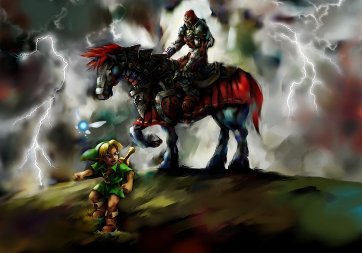 Link rencontrant Ganondorf devant les portes du château d'Hyrule (Artwork - Illustrations - Ocarina of Time)