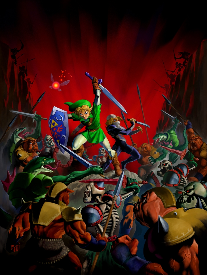 Link et Sheik affrontant une armée d'ennemis (Artwork - Illustrations - Ocarina of Time)