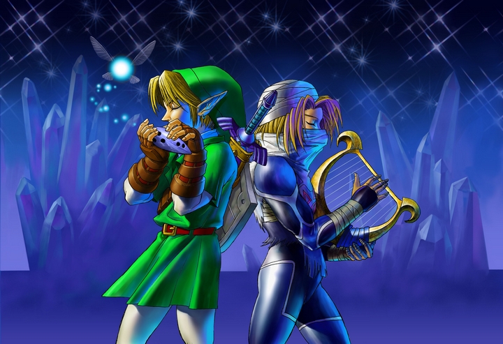 Link et Sheik jouant de la musique dans la caverne glacée (Artwork - Illustrations - Ocarina of Time)