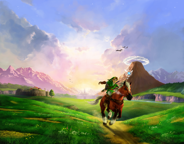 Link parcourant la plaine d'Hyrule sur Epona (Artwork - Illustrations - Ocarina of Time)