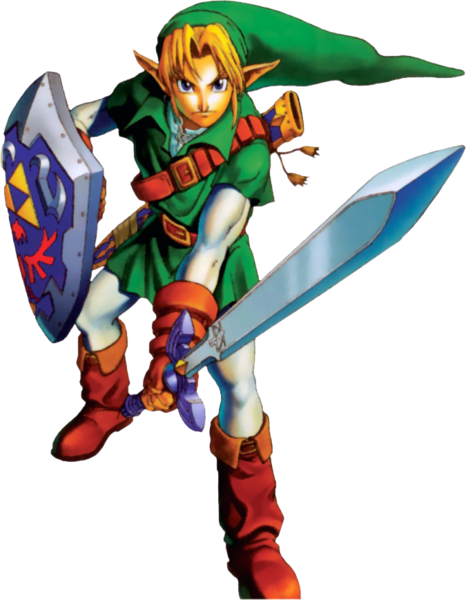 Link en posture d'attaque avec la Master Sword et le bouclier d'Hylia (Artwork - Personnages - Ocarina of Time)