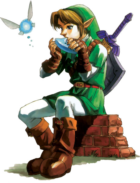 Link jouant de l'Ocarina du temps avec Navi (Artwork - Personnages - Ocarina of Time)