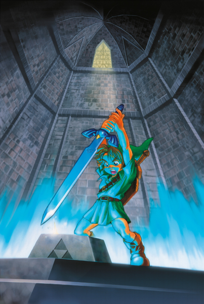 Link retirant la Master Sword de son piédestal (Artwork - Illustrations - Ocarina of Time)