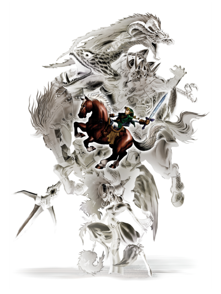 Link chevauchant Epona devant l'ombre des boss (Artwork - Illustrations - Ocarina of Time)