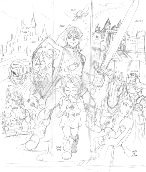 Illustration avec les différents protagonistes (Artwork - Concept Arts - Ocarina of Time)