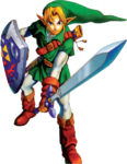 Link en posture d'attaque avec la Master Sword et le bouclier d'Hylia