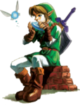 Link jouant de l'Ocarina du temps avec Navi