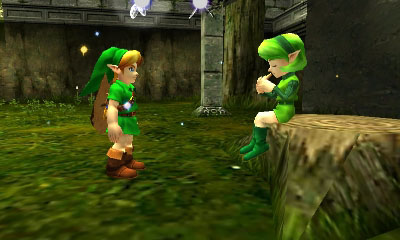 Link rencontrant Saria au fond du Bosquet Sacré (Screenshot - Screenshots d'Ocarina of Time 3DS- Ocarina of Time)