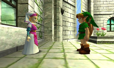 Link rencontrant Zelda dans les jardins du château d'Hyrule (Screenshot - Screenshots d'Ocarina of Time 3DS- Ocarina of Time)
