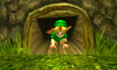 Link sortant d'un petit tunnel dans le Village Kokiri (Screenshot - Screenshots d'Ocarina of Time 3DS- Ocarina of Time)