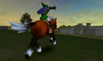 Link parourant la plaine d'Hyrule sur Epona