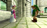 Link rencontrant Zelda dans les jardins du château d'Hyrule