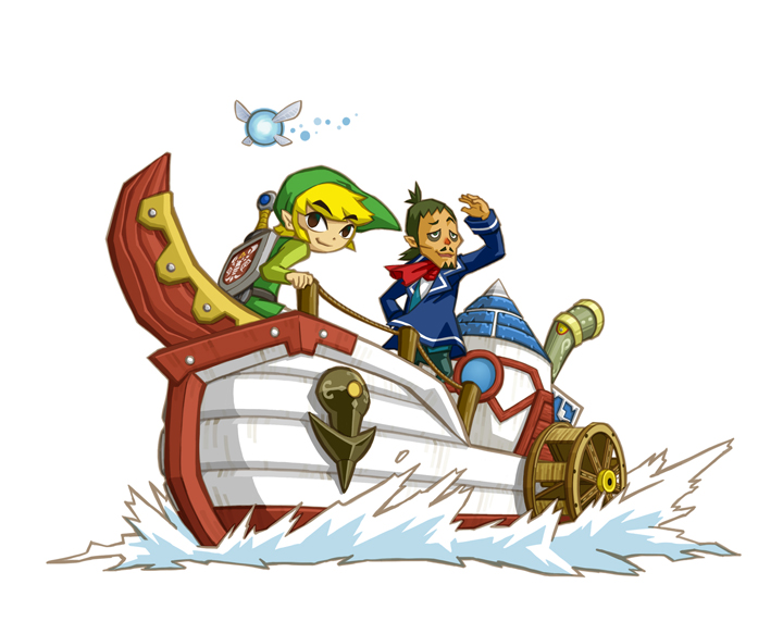 Link, Ciela et Linebeck sur leur navire (Artwork - Personnages - Phantom Hourglass)