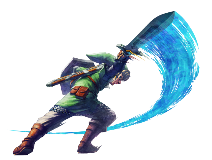 Link regardant derrière lui faisant une attaque horizontale (Artwork - Link - Skyward Sword)