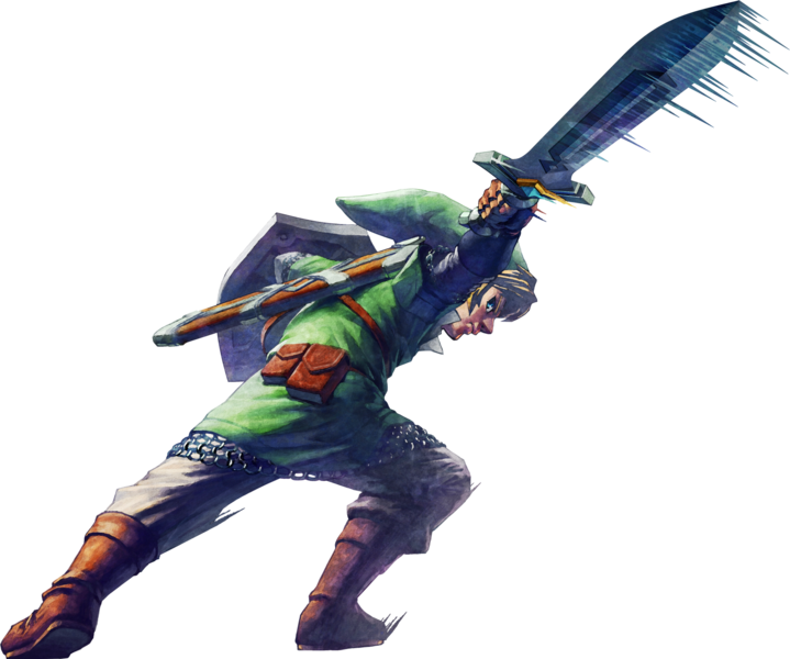 Link regardant derrière lui faisant une attaque horizontale (Artwork - Link - Skyward Sword)