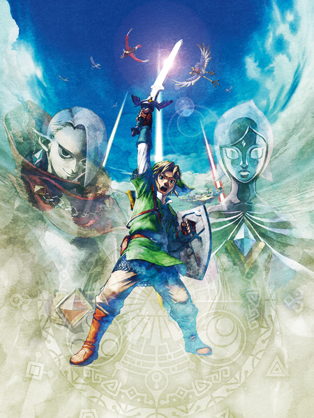 Link levant son épée avec les silhouettes de Fay et de Ghirahim (Artwork - Illustrations - Skyward Sword)