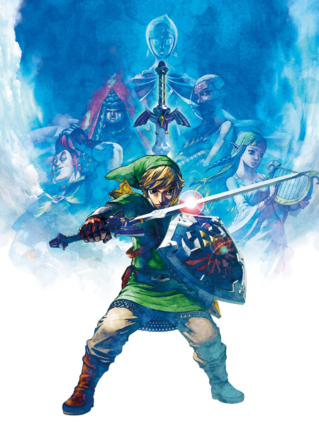 Link se préparant à une attaque avec les silhouettes de Zelda, Impa, Ergo et Fay (Artwork - Illustrations - Skyward Sword)