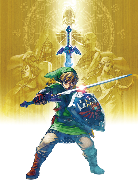 Link se préparant à une attaque avec les silhouettes de Zelda, Impa, Ergo et Fay (Artwork - Illustrations - Skyward Sword)