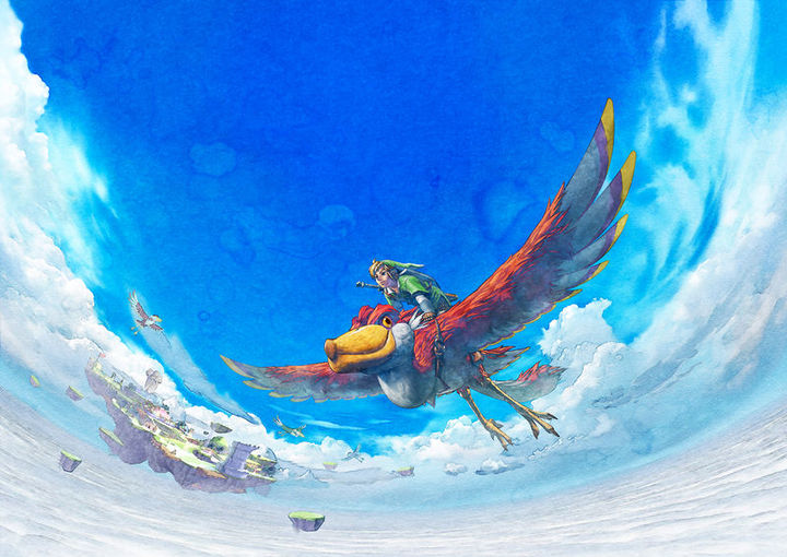 Link chevauchant son Célestrier devant Célesbourg (Artwork - Illustrations - Skyward Sword)