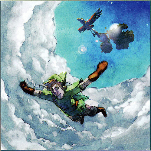 Link traversant la barrière de nuages (Artwork - Concept Arts du Ciel et de Célesbourg - Skyward Sword)