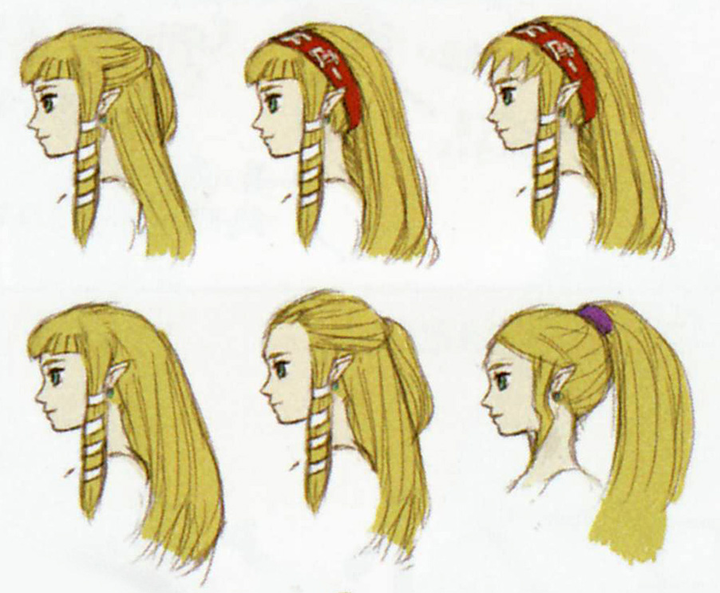 Différentes propositions de chevelure de Zelda (Artwork - Zelda - Skyward Sword)