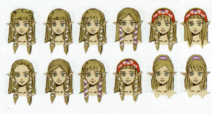 Différentes propositions de chevelure de Zelda (Artwork - Zelda - Skyward Sword)