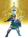 Link se préparant à une attaque avec les silhouettes de Zelda, Impa, Ergo et Fay