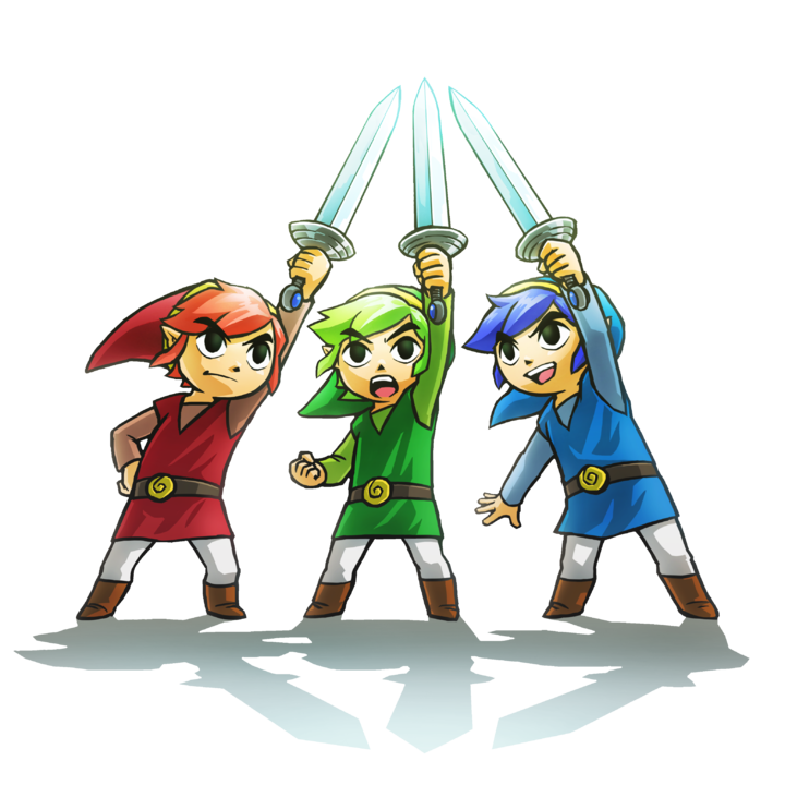 Link Rouge, Link Vert et Link Bleu brandissant leurs épées (Artwork - Link - Tri Force Heroes)